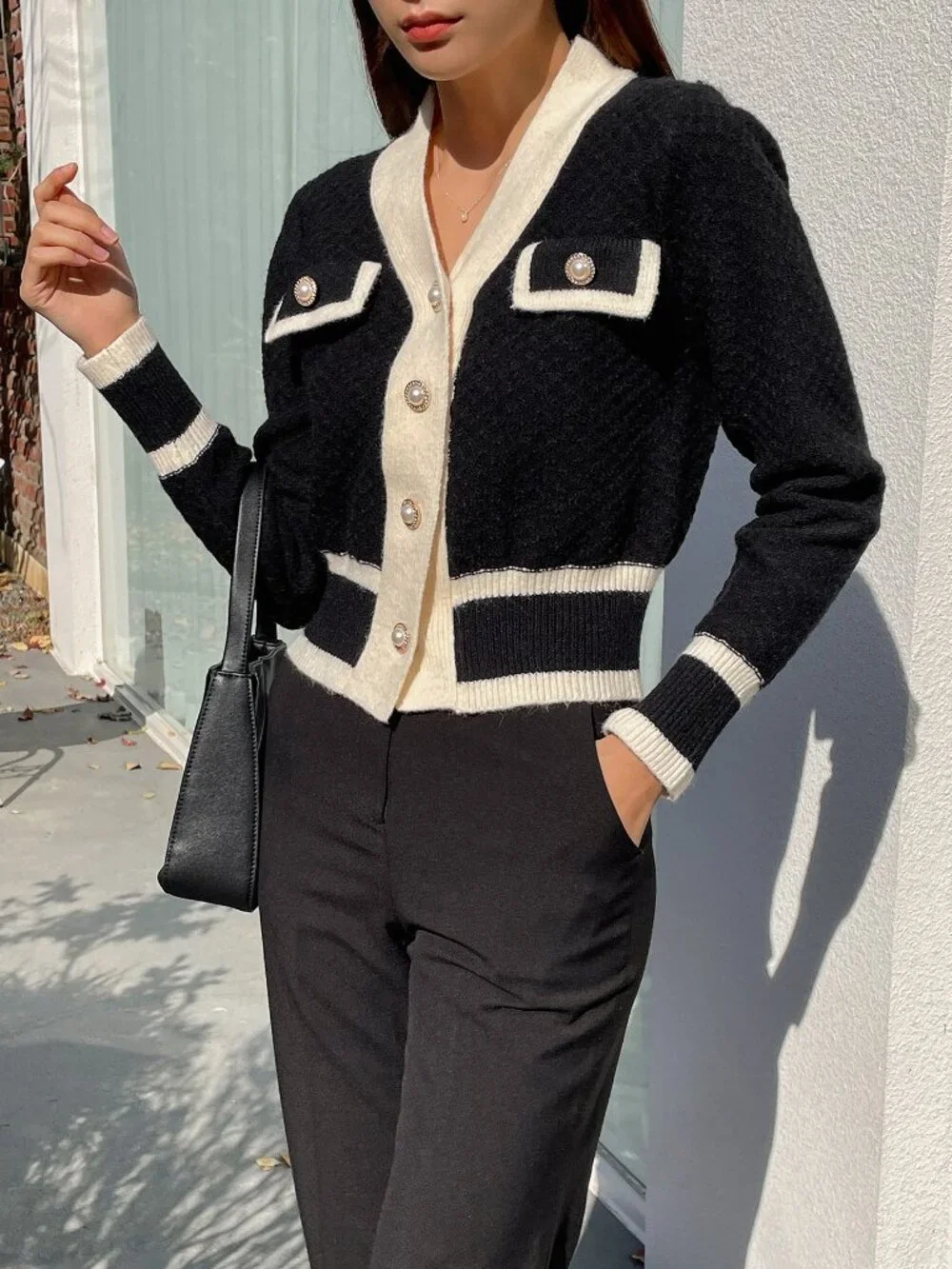 Black Casual Women's Colorblock Long Sleeve Button Design Cardigan